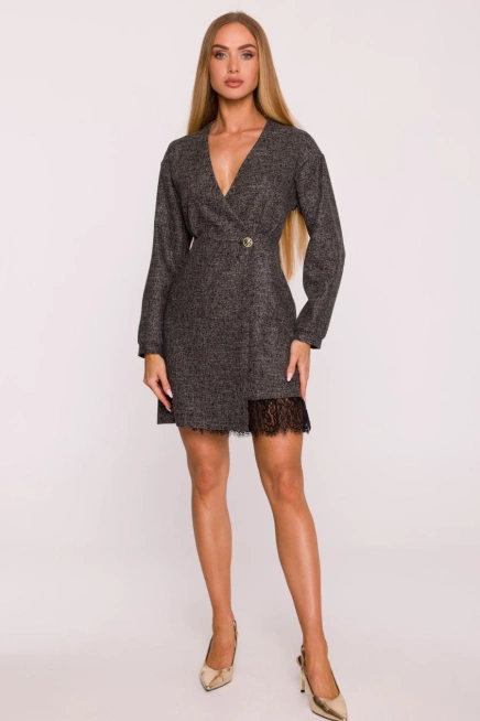 Elegancka sukienka tweedowa trapezowa kopertowa czarna