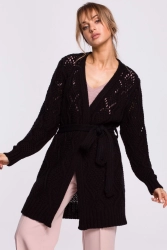 Długi kardigan ażurowy sweter z paskiem czarny