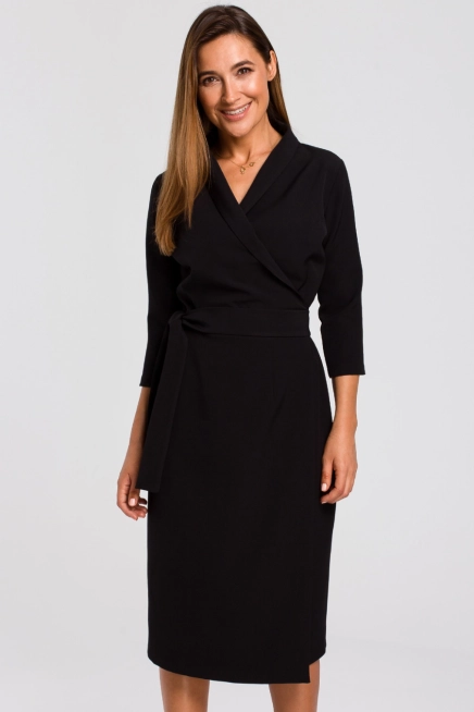 Elegancka sukienka biznesowa kopertowa midi z paskiem czarna