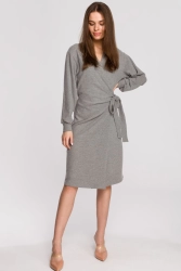 Sukienka dzianinowa kopertowa bawełniana z wiązaniem szara