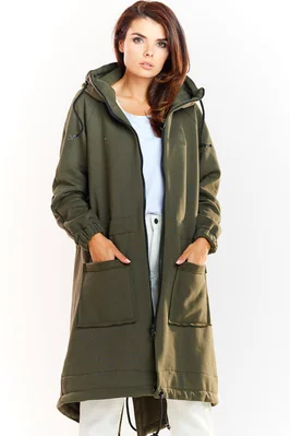 Ciepła długa bluza damska jak parka bawełna premium khaki