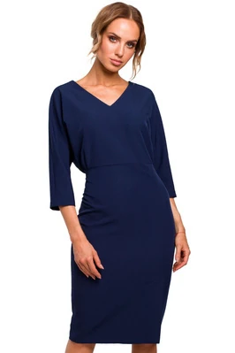 Sukienka elegancka ołówkowa zbluzowana góra i dekolt V granatowa