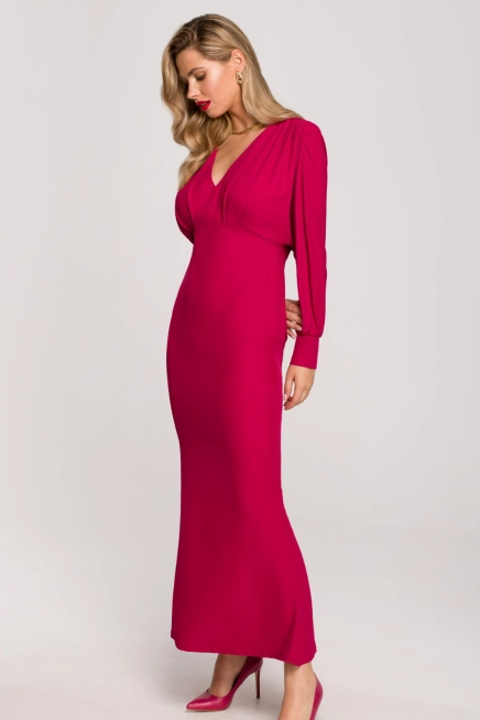 Długa wieczorowa sukienka rybka z bufiastymi rękawami śliwkowa