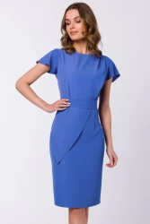 Elegancka ołówkowa sukienka z paskiem krótki rękaw niebieska