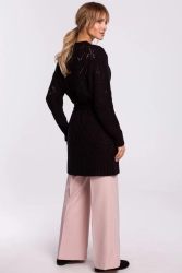 Długi kardigan ażurowy sweter z paskiem czarny