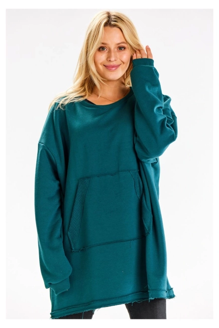 Bluza damska oversize długa z kieszenią kangurka zielona