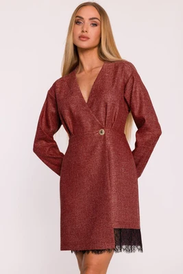 Elegancka sukienka tweedowa trapezowa kopertowa bordowa