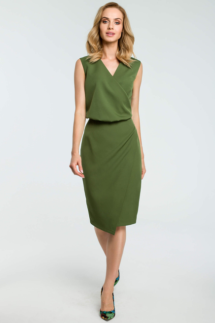 Sukienka elegancka ołówkowa do pracy kopertowy dekolt zielona