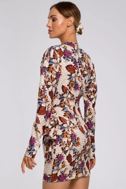 Elegancka sukienka z drapowaniem dekoltem V i nadrukiem