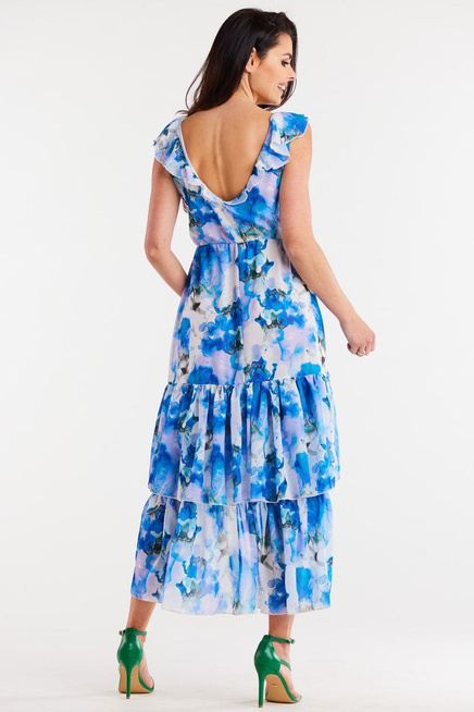 Sukienka szyfonowa w kwiaty z falbanami asymetryczna