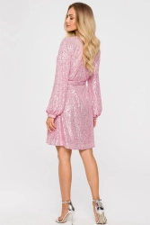 Sukienka cekinowa trapezowa z paskiem błyszcząca różowa