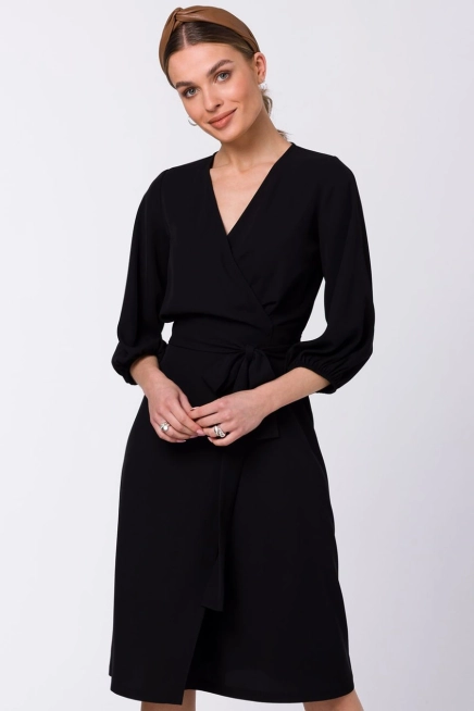 Sukienka elegancka kopertowa z bufiastymi rękawami czarna