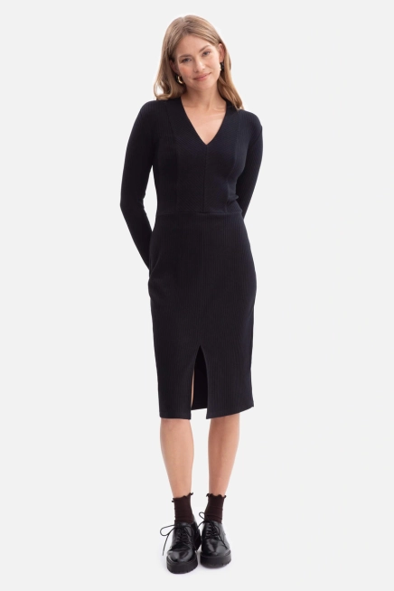 Bawełniana sukienka dzianinowa ołówkowa z dekoltem V czarna