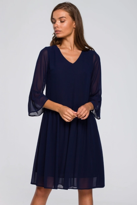 Sukienka wieczorowa szyfonowa z falbanami dekolt V granatowa