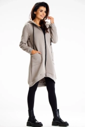 Długa bluza damska z kapturem i kieszeniami szary