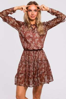 Sukienka w kwiaty szyfonowa z falbankami w stylu BOHO brązowa mini
