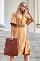 Sukienka elegancka rozkloszowana z paskiem brązowa