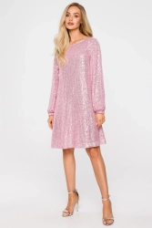 Sukienka cekinowa trapezowa z paskiem błyszcząca różowa