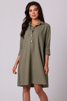 Swobodna sukienka z kołnierzykiem guzikami i kieszeniami oliwka