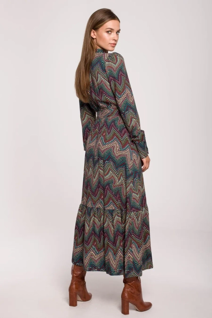 Długa sukienka BOHO z falbankami i długim rękawem zielona