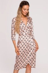 Satynowa sukienka kopertowa z dekoltem V i wiązaniem beżowa