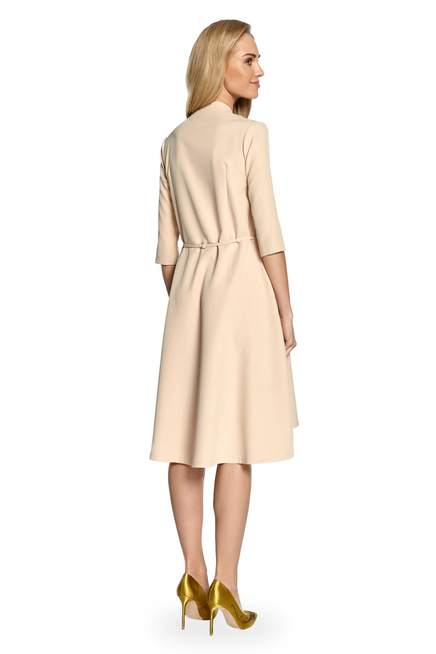 Sukienka trapezowa kopertowa midi z paskiem i kieszeniami beżowa