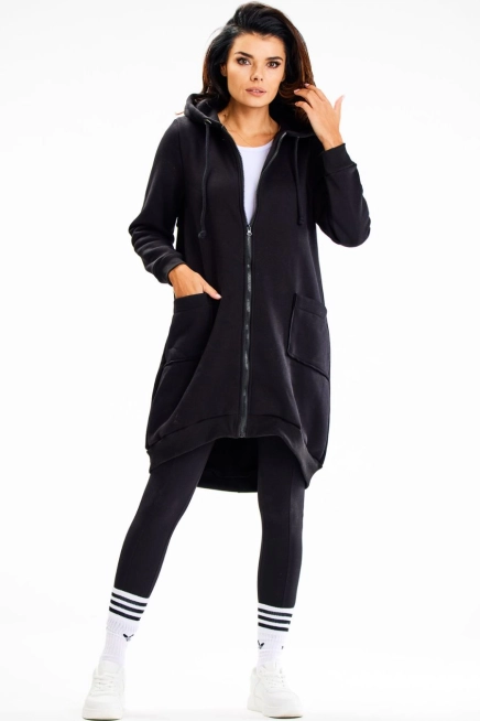Długa bluza damska z kapturem i kieszeniami czarna
