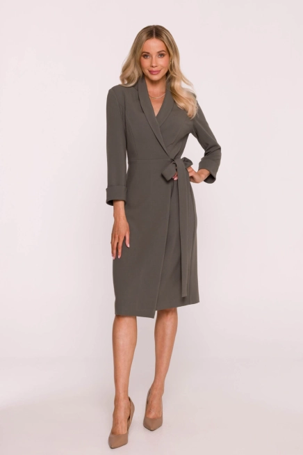 Elegancka sukienka ołówkowa kopertowa z wiązaniem khaki