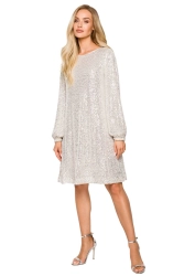 Sukienka cekinowa trapezowa z paskiem błyszcząca szampańska