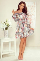 Sukienka z odkrytymi ramionami i wiązaniem szara hiszpanka w kwiaty