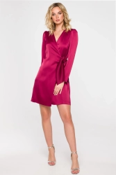 Sukienka satynowa kopertowa mini z wiązaniem w talii bordowa