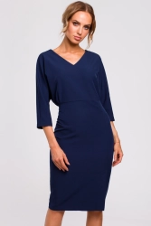 Sukienka ołówkowa zbluzowana góra i dekolt V granatowa