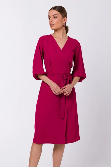 Sukienka elegancka kopertowa z bufiastymi rękawami śliwka