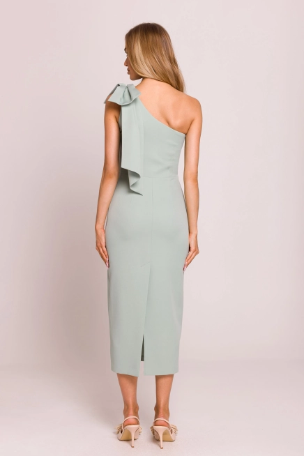 Elegancka sukienka ołówkowa na jedno ramię z kokardą miętowa
