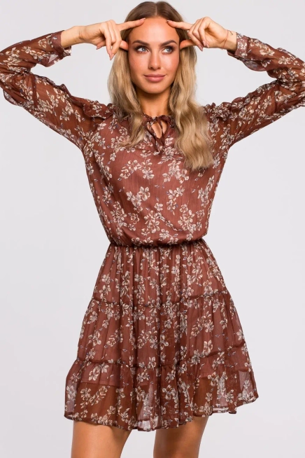 Sukienka w kwiaty szyfonowa z falbankami w stylu BOHO brązowa mini