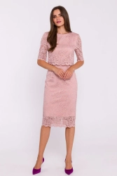 Elegancka ołówkowa dwuczęściowa sukienka koronkowa różowa