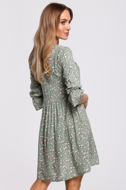 Sukienka boho rozkloszowana mini z wiskozy w kwiaty zielona