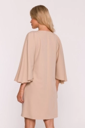 Elegancka sukienka trapezowa z bufiastymi rękawami beżowa