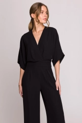 Elegancki kombinezon damski z kopertowym dekoltem czarny