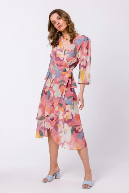 Zwiewna sukienka szyfonowa kopertowa z wiązaniem pastelowa
