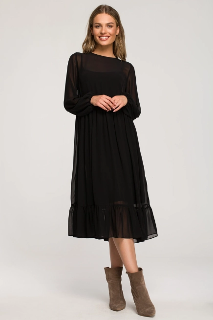 Sukienka wieczorowa szyfonowa rozkloszowana z falbaną czarna