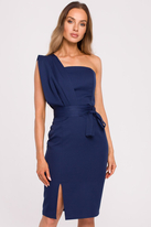 Sukienka koktajlowa na jedno ramię ołówkowa z rozcięciem granatowa