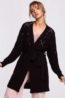 Długi kardigan ażurowy sweter z paskiem czarny