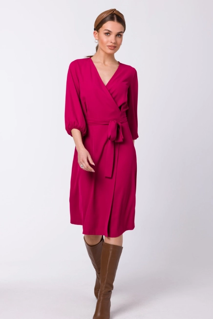 Sukienka elegancka kopertowa z bufiastymi rękawami śliwka