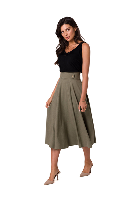 Rozkloszowana spódnica z wysokim stanem i kieszeniami khaki