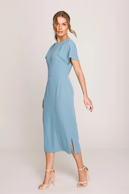 Elegancka sukienka ołówkowa z dekoltem V z tyłu niebieska