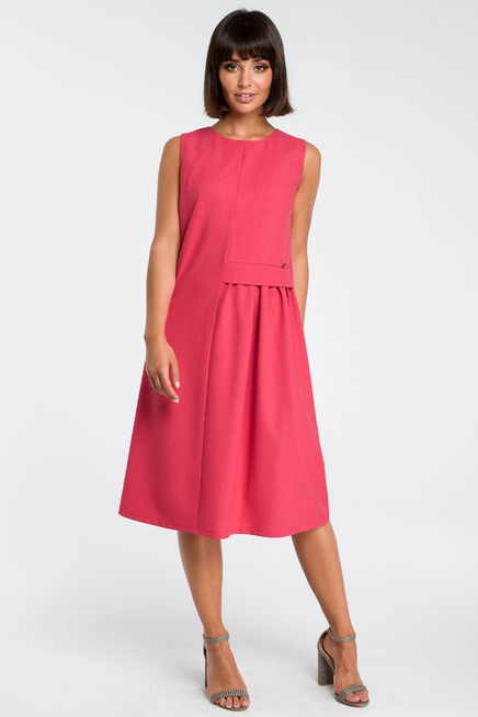 Lniana sukienka trapezowa na lato bez rękawów z marszczeniem różowa