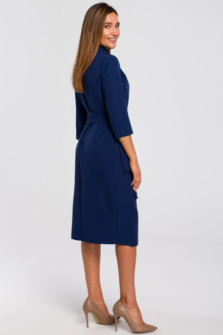 Elegancka sukienka biznesowa kopertowa midi z paskiem w talii granat