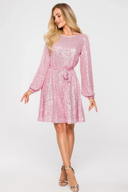 Sukienka cekinowa trapezowa z paskiem błyszcząca różowa