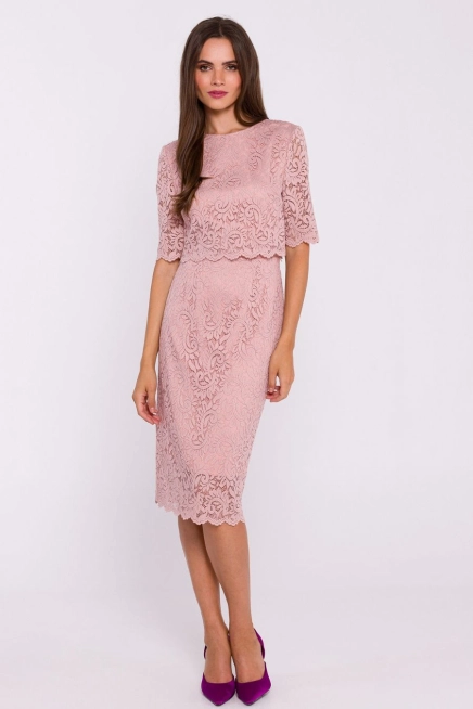 Elegancka ołówkowa dwuczęściowa sukienka koronkowa różowa